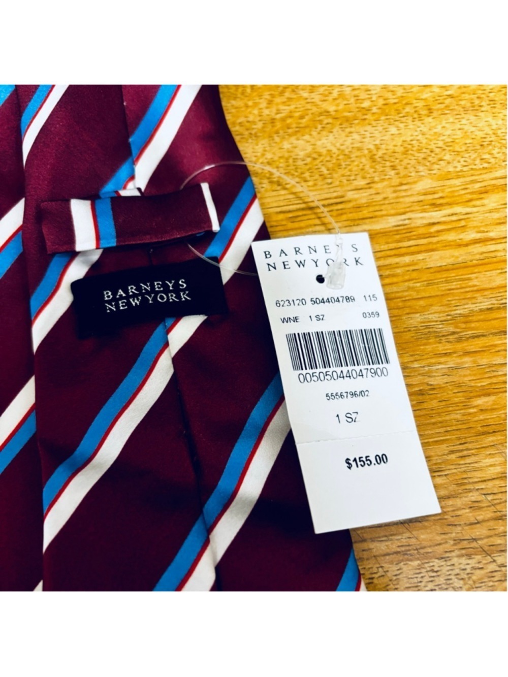 Men's Barneys New York Striped Burgundy Blue Tie - Picture 3 of 4